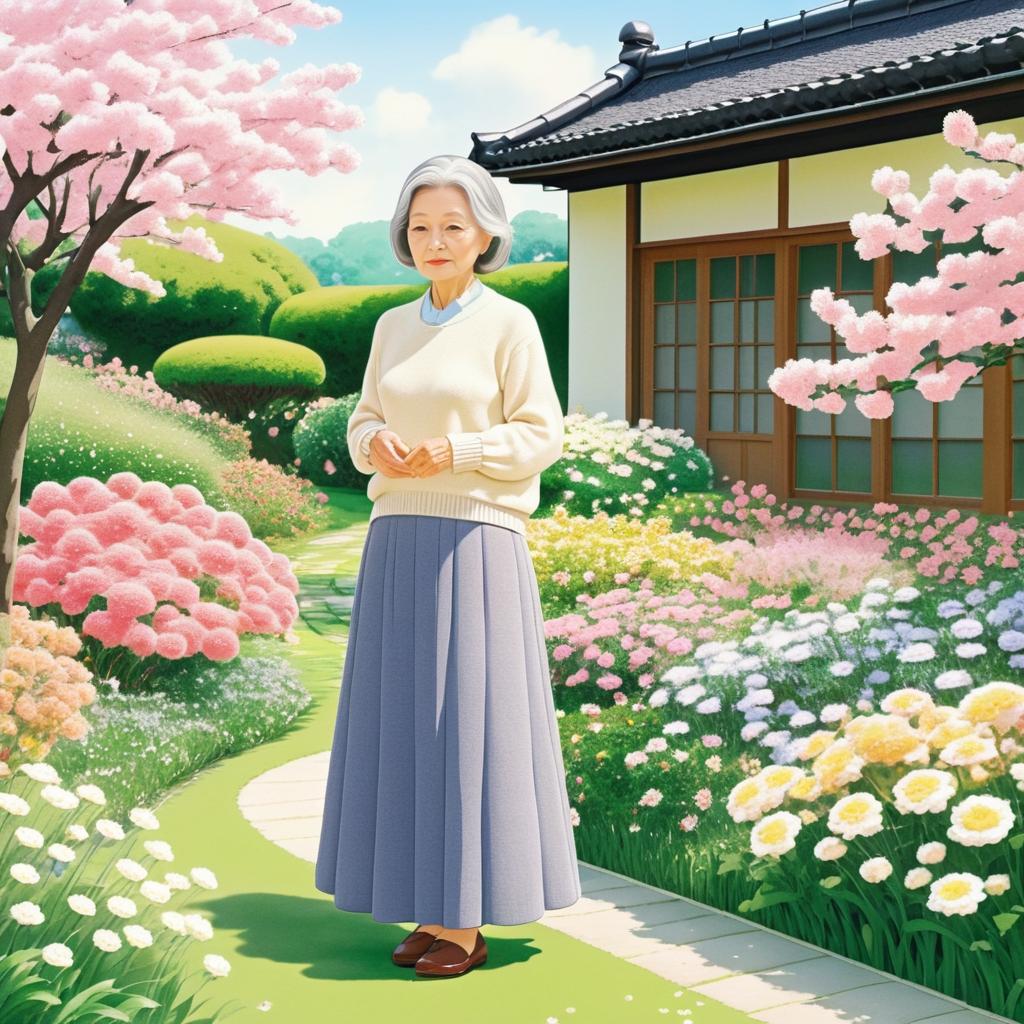 Nostalgic Elderly Woman in Blooming Garden