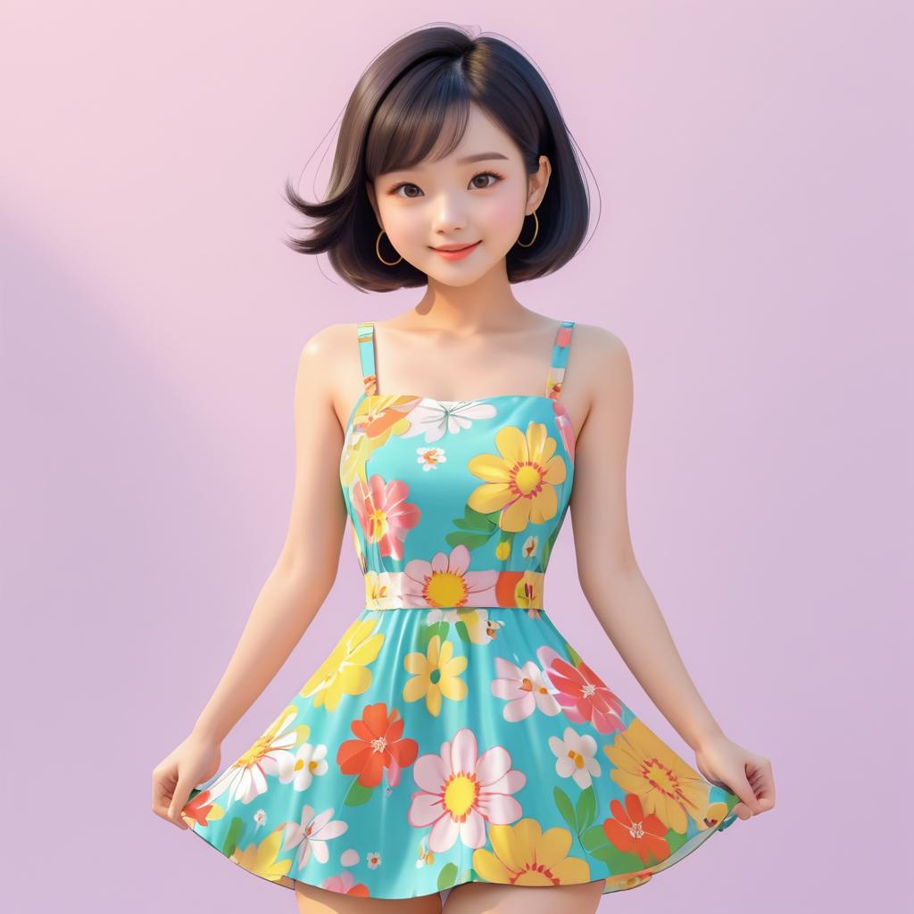 Cheerful Cartoon Asian Girl in Sundress