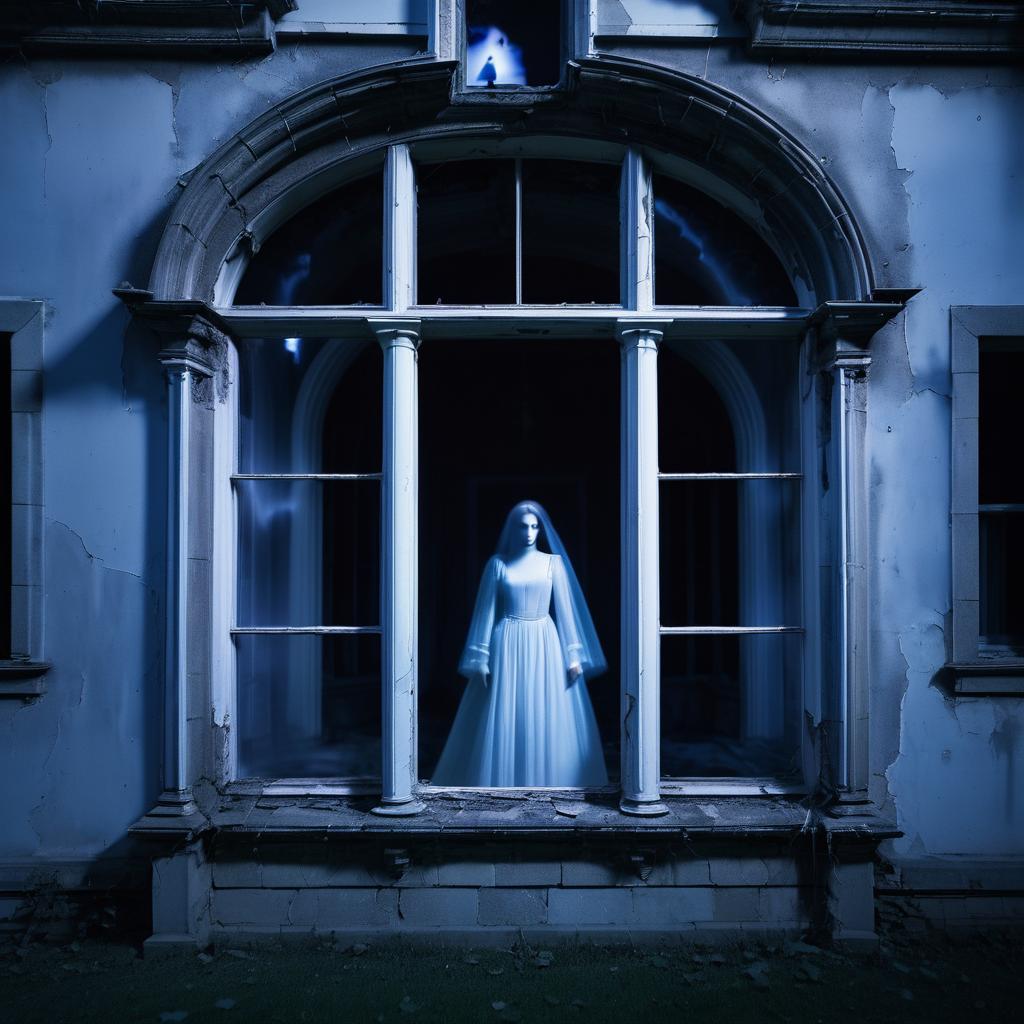 Eerie Twilight Mansion with Spectral Figure