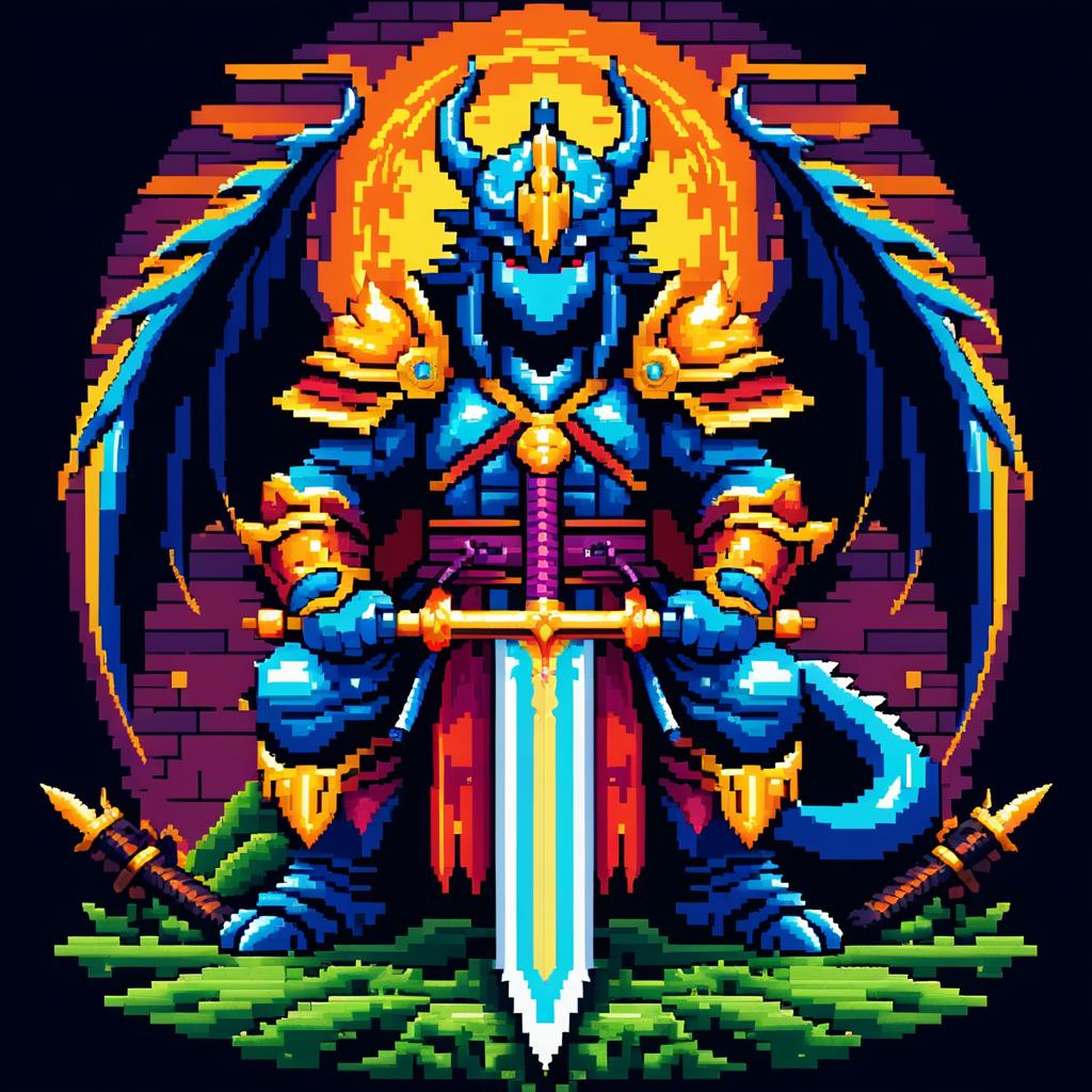 Pixel Art Dragon Warrior with Holy Sword