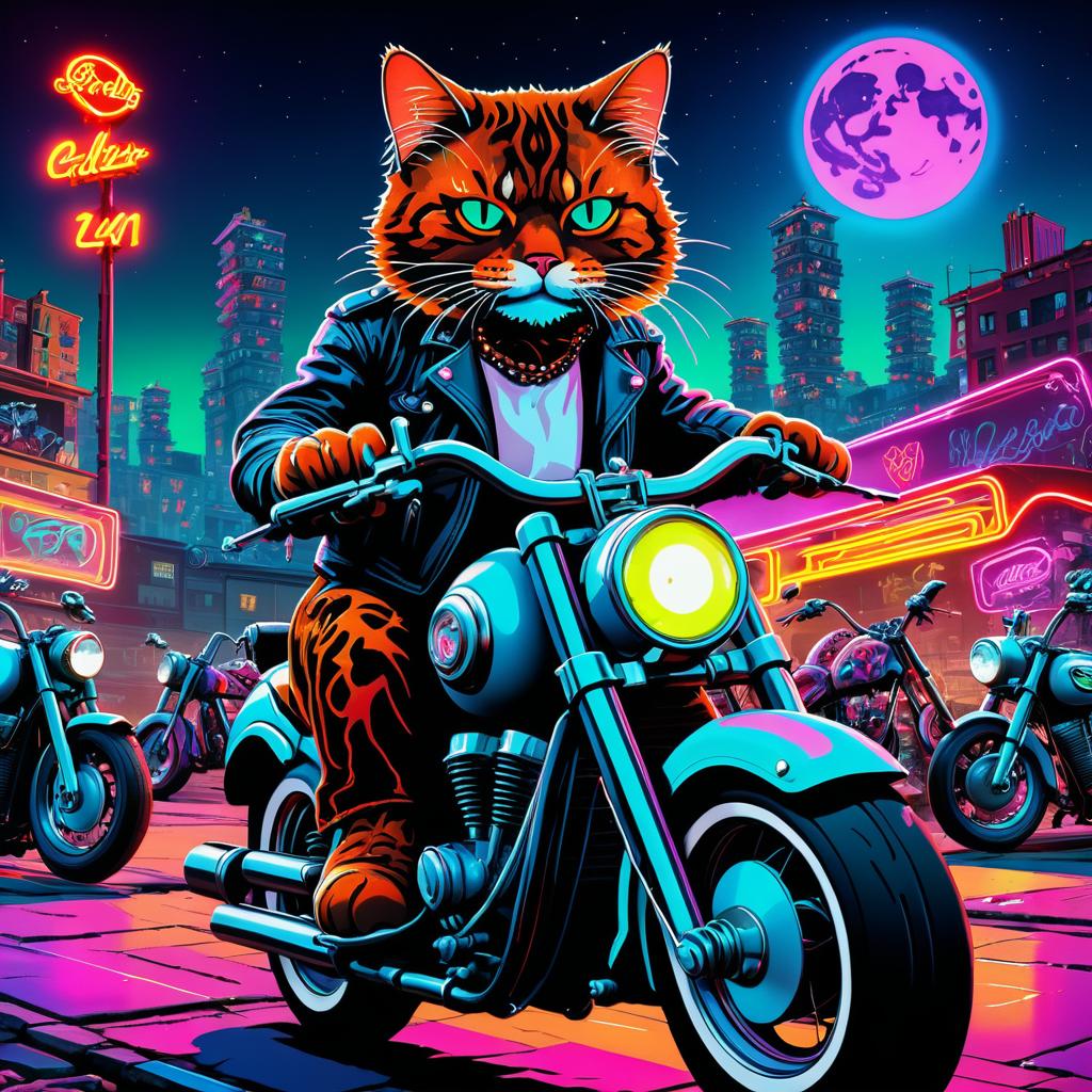 Edgy Cat on Motorcycle in Neon City