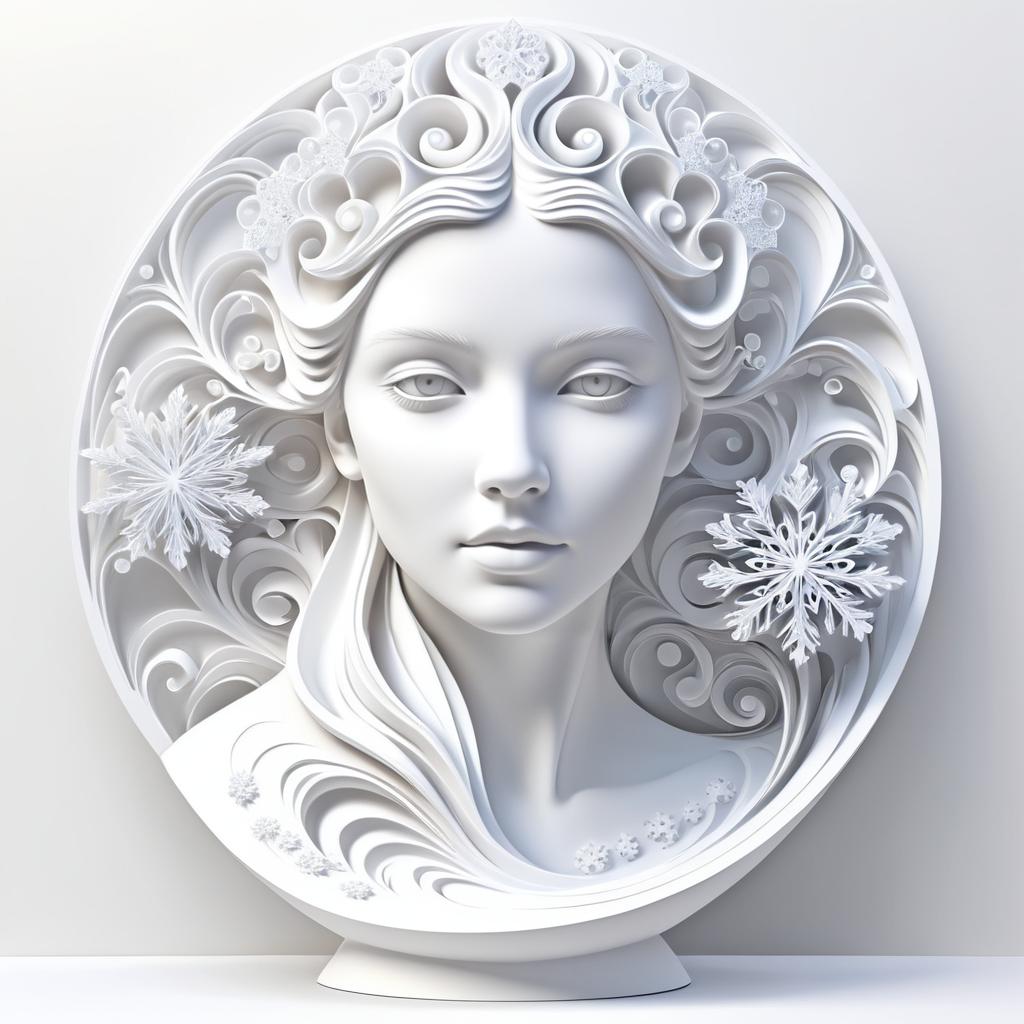 Hyperrealistic 3D White Sculpture with Snowflakes