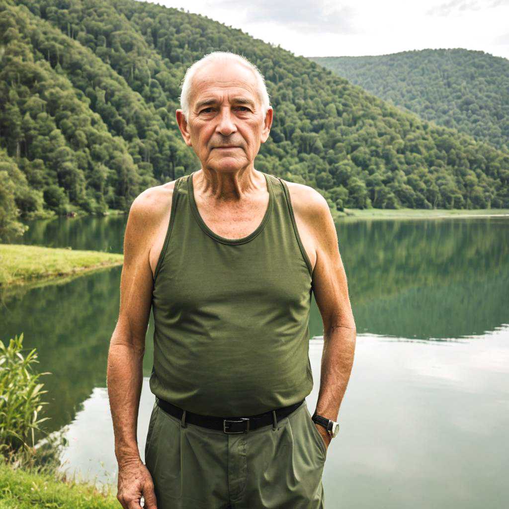 Elderly Man in Olive Green Halter Top