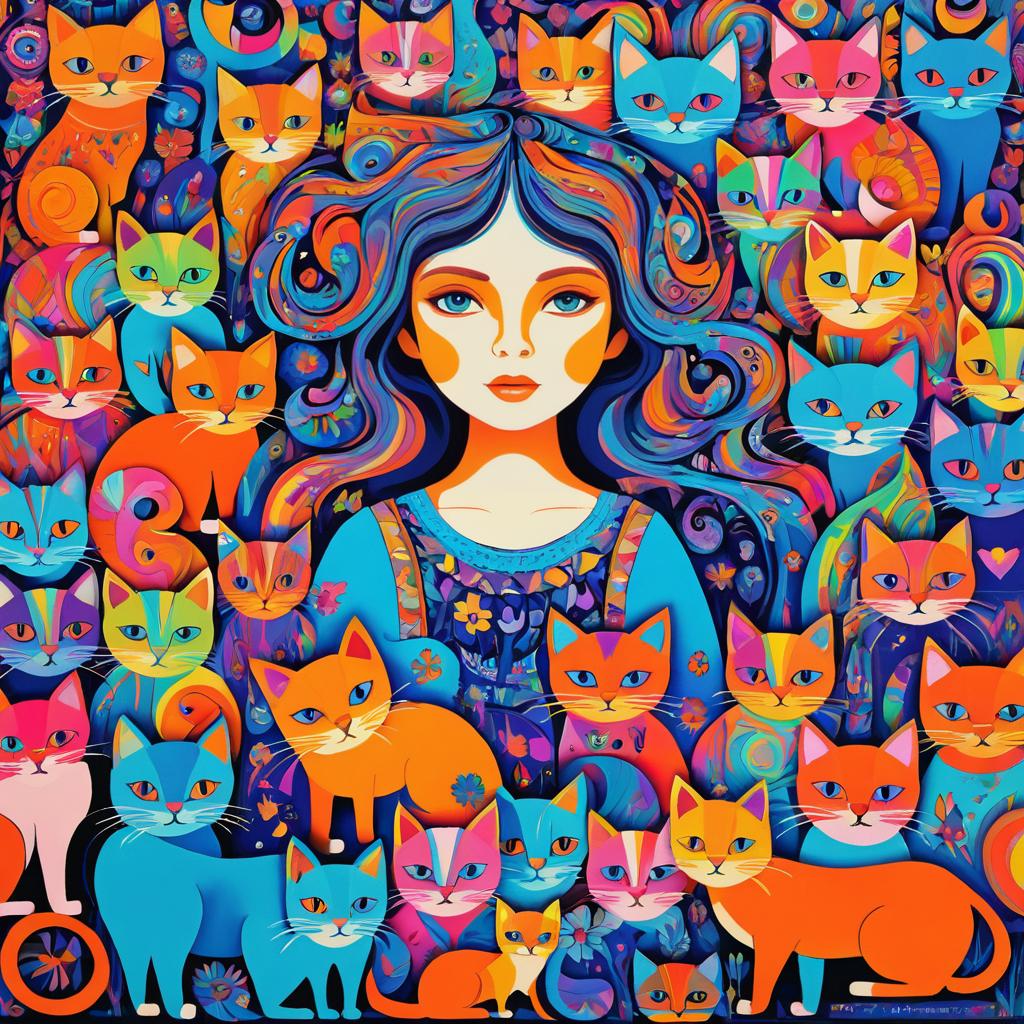 Psychedelic Girl with Playful Cats