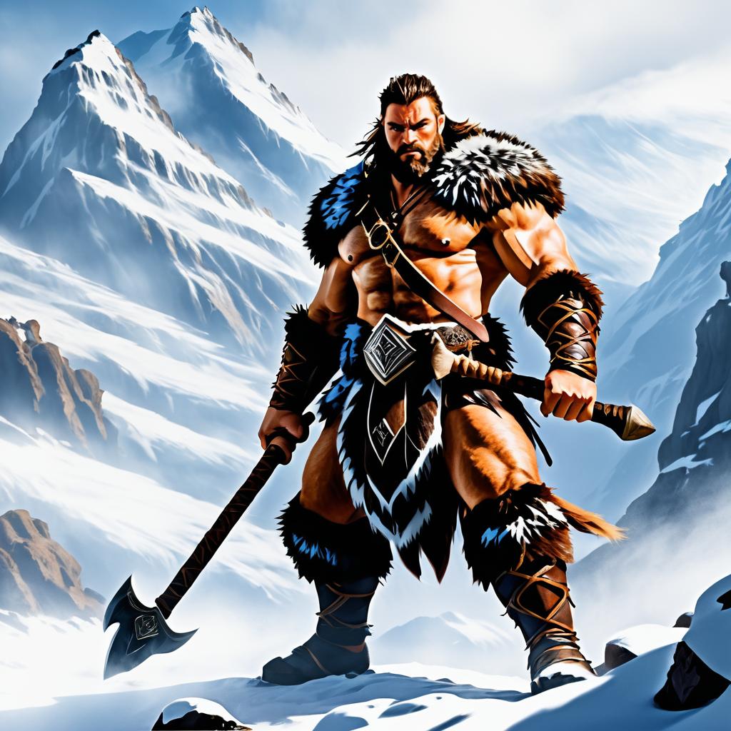 Epic Fantasy Barbarian in Snowy Landscape