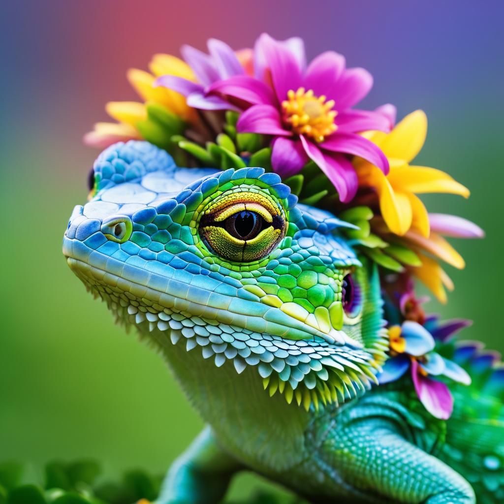 Lizard With Flower Crown Macro Photography