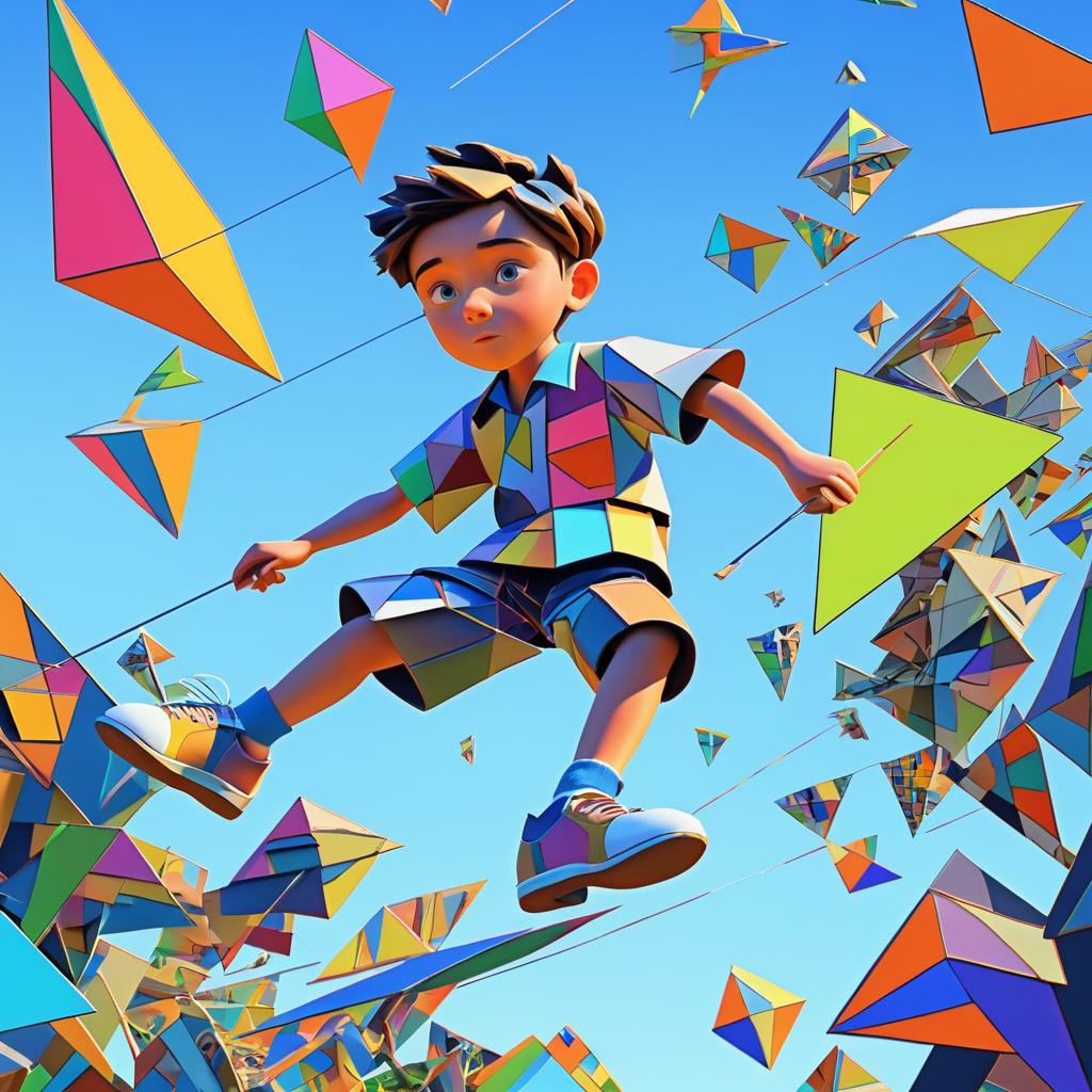 Cubist Kid Flying a Neon Kite