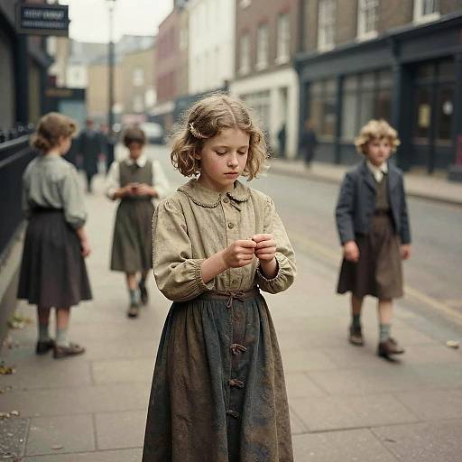 Photograph of a young girl with curly brown hair, wearing a beige blouse and brown dress, focused on her hands, standing on a blurred, vintage