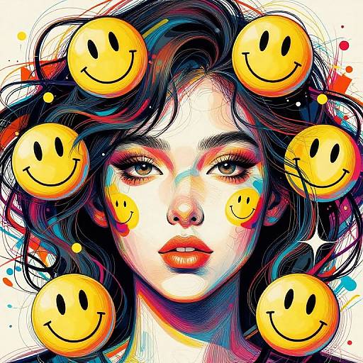 Digital illustration of a young woman with wavy black hair, red lipstick, and fair skin, surrounded by yellow smiley faces. Vibrant, colorful