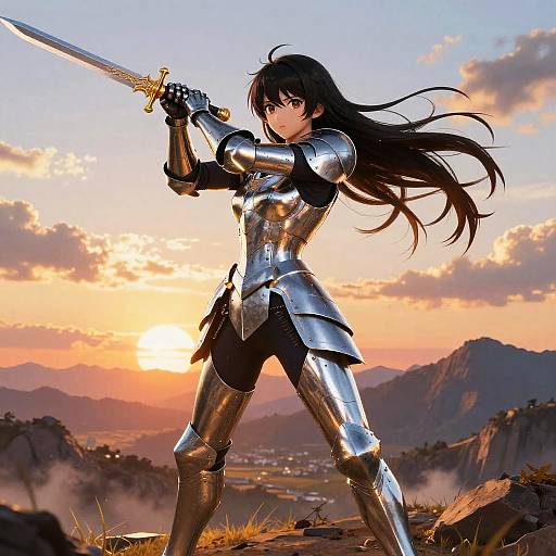 Digital anime-style artwork of a black-haired female warrior in silver armor, holding a sword aloft, standing on a rocky hill at sunset with a village