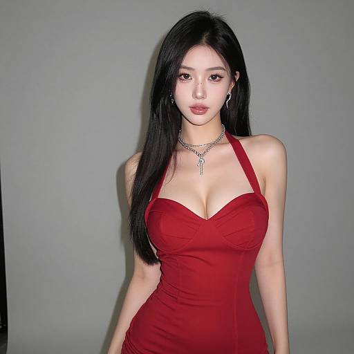 Photograph of an East Asian woman with long black hair, wearing a red halter dress, silver necklace, and earrings, standing against a gray background
