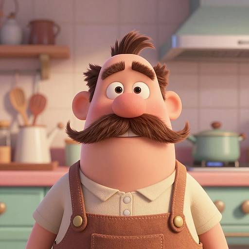 CGI cartoon of a chubby, bald man with a thick mustache, wearing brown overalls and a white shirt, in a cozy kitchen.