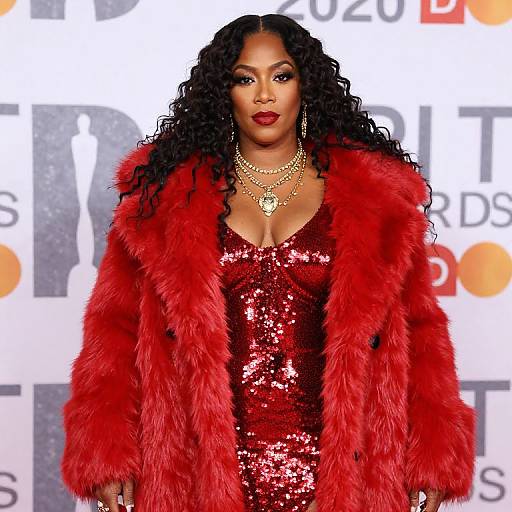 Photograph of a confident Black woman with long curly hair, wearing a red sequined dress and vibrant red fur coat, accessorized with gold necklaces