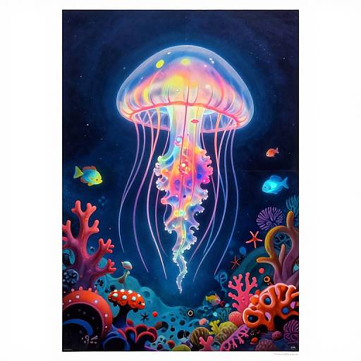 Vibrant digital illustration of a glowing jellyfish with colorful tentacles amidst a dark underwater scene with bright coral, fish, and sea creatures.