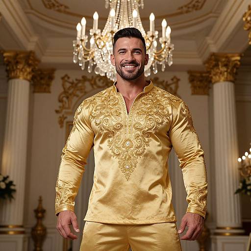 Photograph of a smiling, muscular man with short black hair, wearing an ornate, gold embroidered, long-sleeve kurta, standing in