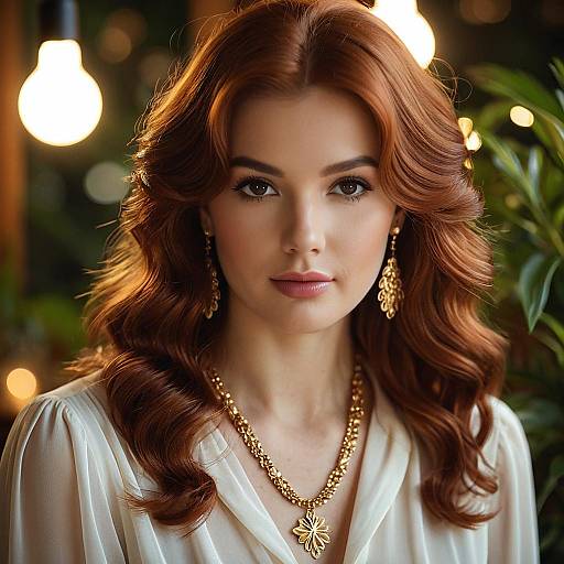 Portrait of Woman with Auburn Wavy Hair and Gold Jewelry