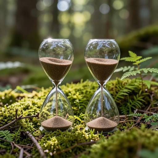 Photograph of two glass hourglasses with sand, set on mossy forest floor, sunlight filtering through trees in background.