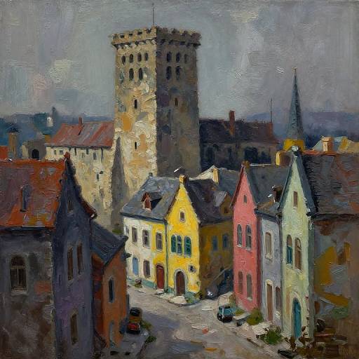 Impressionist-style painting of a European village with colorful houses, a tall stone tower, and a cloudy sky, rendered with thick, textured brushst