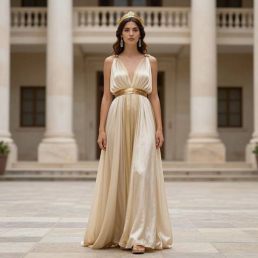 Photograph of a woman with long dark hair wearing a golden, sleeveless, V-neck gown with a gold belt, standing in front of a classical