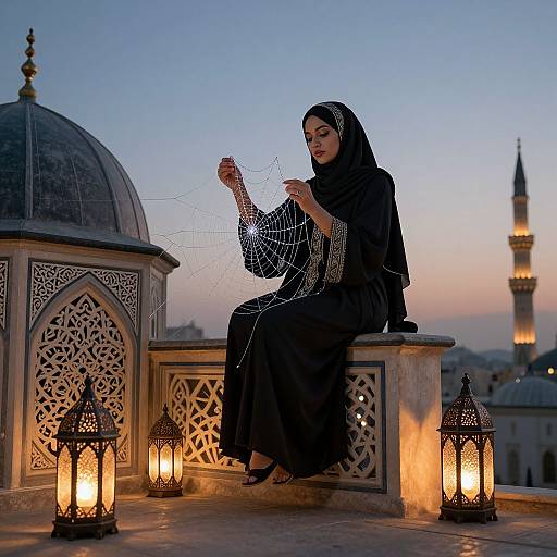 Photograph of a woman in black hijab and long dress, weaving spiderweb on rooftop at dusk, with ornate lanterns and mosque minaret