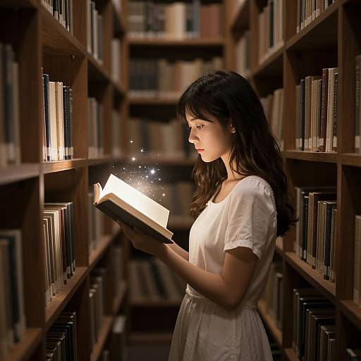Photograph of a young woman with long dark hair, wearing a white dress, reading a glowing book in a dimly lit library with wooden booksh