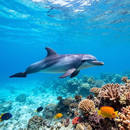 Photograph of a sleek, gray bottlenose dolphin swimming gracefully above vibrant, colorful coral reefs with small, bright yellow and black fish in clear,