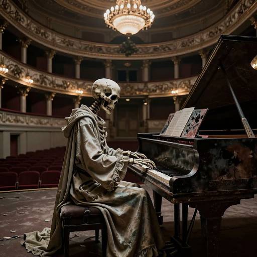 Photograph of a skeletal figure in a monk's robe playing a grand piano in a dimly lit, ornate opera house. Chandelier overhead.
