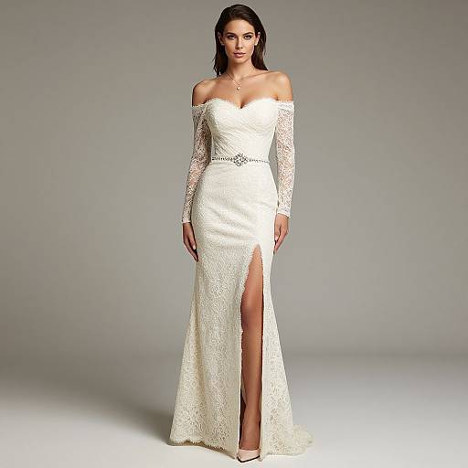 Photograph of a woman in a white, off-shoulder, lace wedding gown with long sleeves and a high thigh slit, standing against a plain