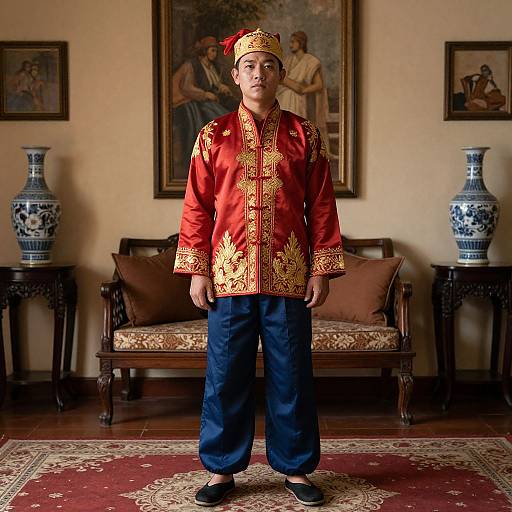 Photograph of a man in traditional red and gold embroidered Chinese outfit, blue pants, and black slippers, standing in a decorated room with framed paintings