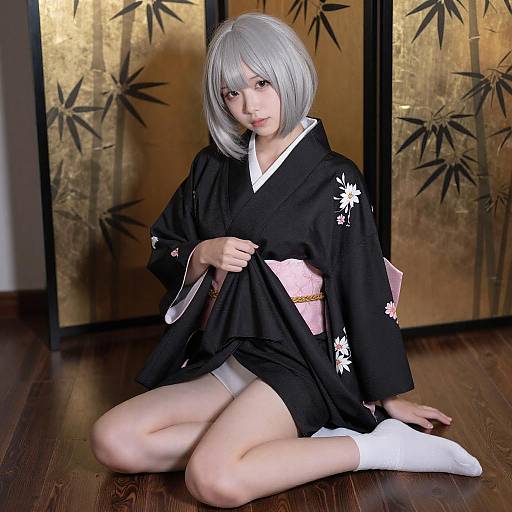 Young Woman in Kimono on Dark Floor