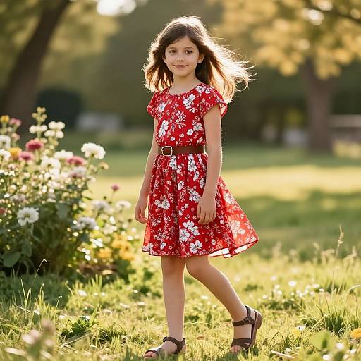Photograph of a young girl with long brown hair, wearing a red floral dress and brown sandals, walking in a sunlit garden.