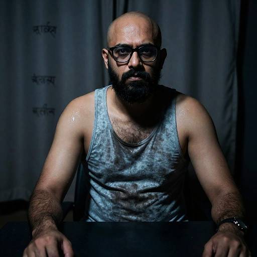 Bearded Man in Gray Tank Top Sitting in Dark Room