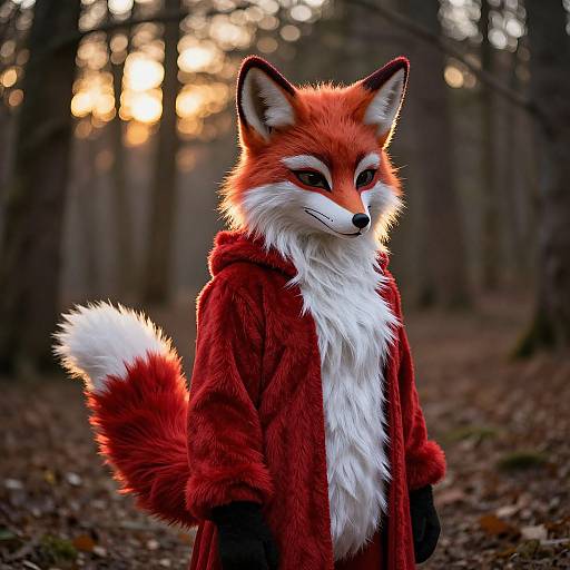 Photograph of a realistic red fox anthropomorphic character wearing a red fur coat, standing in a forest at sunset.
