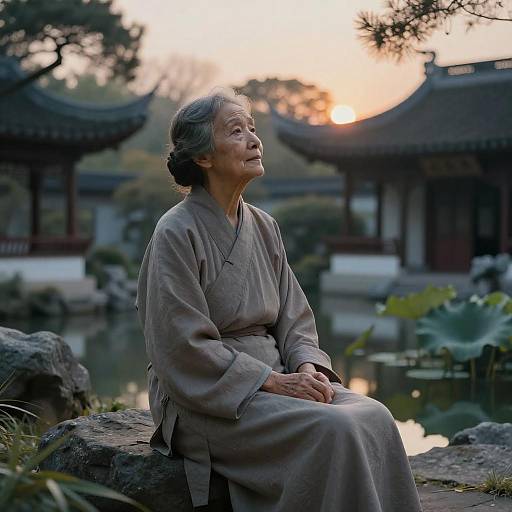 Calm Elderly Woman in Zen Garden