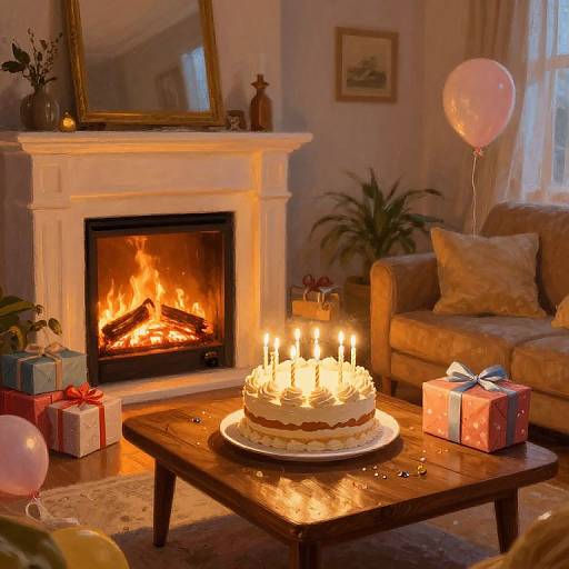 Cozy living room with lit fireplace, birthday cake with candles on wooden table, wrapped gifts, pink balloons, and warm evening light.