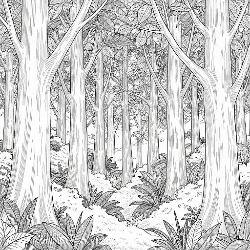 Black-and-white line drawing of a dense forest with tall, slender trees and detailed foliage on the forest floor.