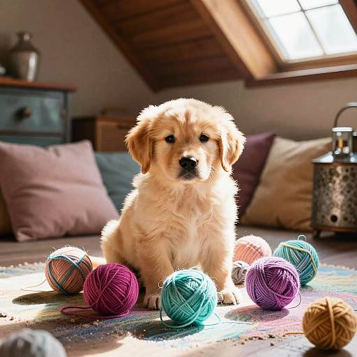 Photograph of a fluffy, golden Labrador puppy sitting on a wooden floor, surrounded by colorful yarn balls in a cozy attic room with sunlight streaming through a