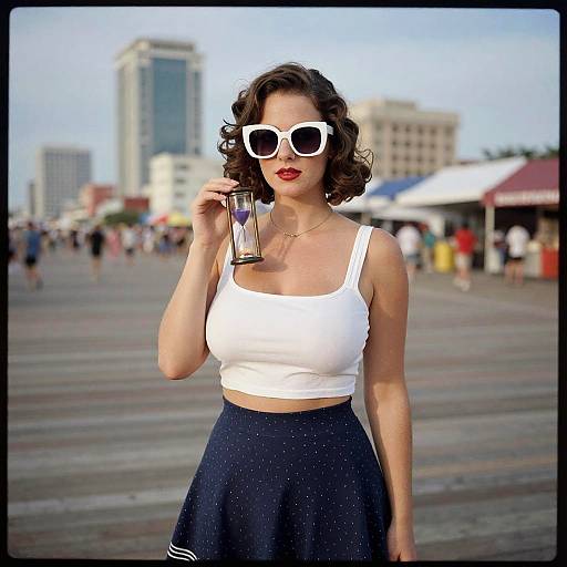 Photograph of a curly-haired woman with white sunglasses, red lipstick, white crop top, and navy skirt, holding a glass, standing on a bustling