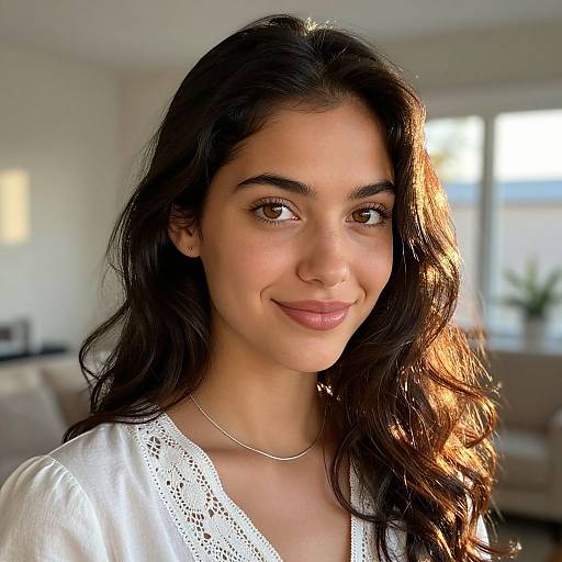 Photograph of a young woman with long, wavy dark brown hair, brown eyes, and light olive skin, smiling softly in a sunlit living