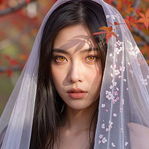 Photograph of an Asian woman with long black hair, amber eyes, and pale skin, wearing a translucent white veil with floral patterns, standing against a