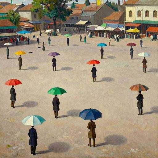 Photograph of a cobblestone plaza with diverse people holding colorful umbrellas, standing amidst historic buildings and market stalls on a sunny day.