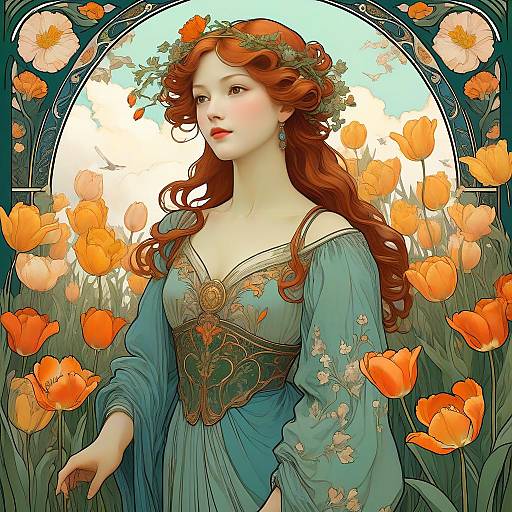 Art Nouveau Woman in Tulip Garden