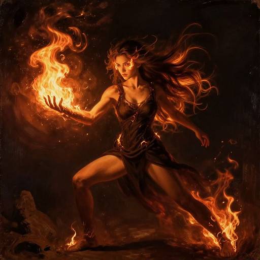 Digital painting of a fiery, dark-haired woman in a torn dress, conjuring flames with an outstretched hand, set against a black background.