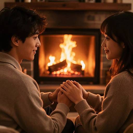 Photograph of a young Asian couple facing each other, holding hands, wearing beige sweaters, sitting in front of a warm, lit fireplace.