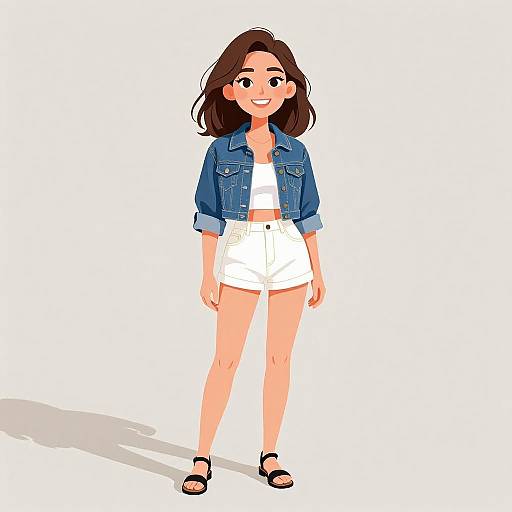 Digital illustration of a smiling woman with brown hair, wearing a blue denim jacket, white crop top, high-waisted white shorts, and black sandals