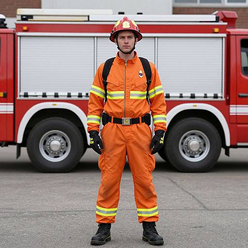 Photograph of a male firefighter standing in front of a red fire truck, wearing an orange uniform, helmet, and gloves.