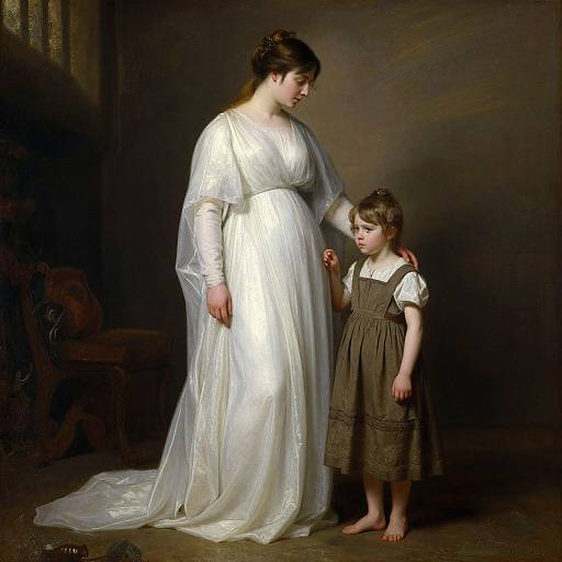 Photograph-style painting of a pregnant woman in a white, flowing gown and a young girl in brown dress, standing in dimly lit room. Woman