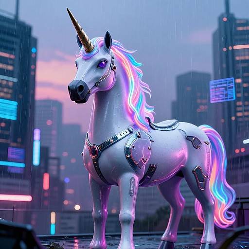Digital artwork of a glowing, cybernetic unicorn with neon pink, blue, and purple mane, standing in a futuristic, rainy cityscape.