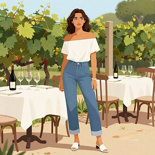 Digital illustration of a dark-haired woman in white off-shoulder top, blue cuffed jeans, and white sandals, standing outdoors by wine-tasting