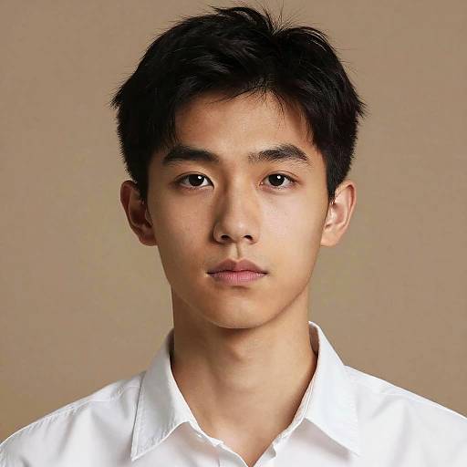 Photograph of an Asian male with short black hair, light skin, and brown eyes, wearing a white collared shirt, against a beige background.